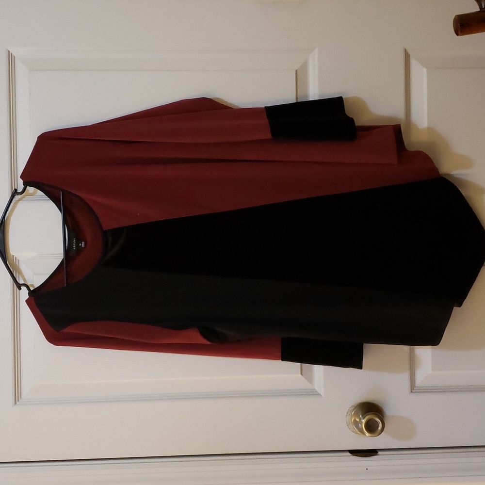 Alfani Plus Size 3x Burgundy, Gray, and Black Long Sleeved, Long hem blouse.